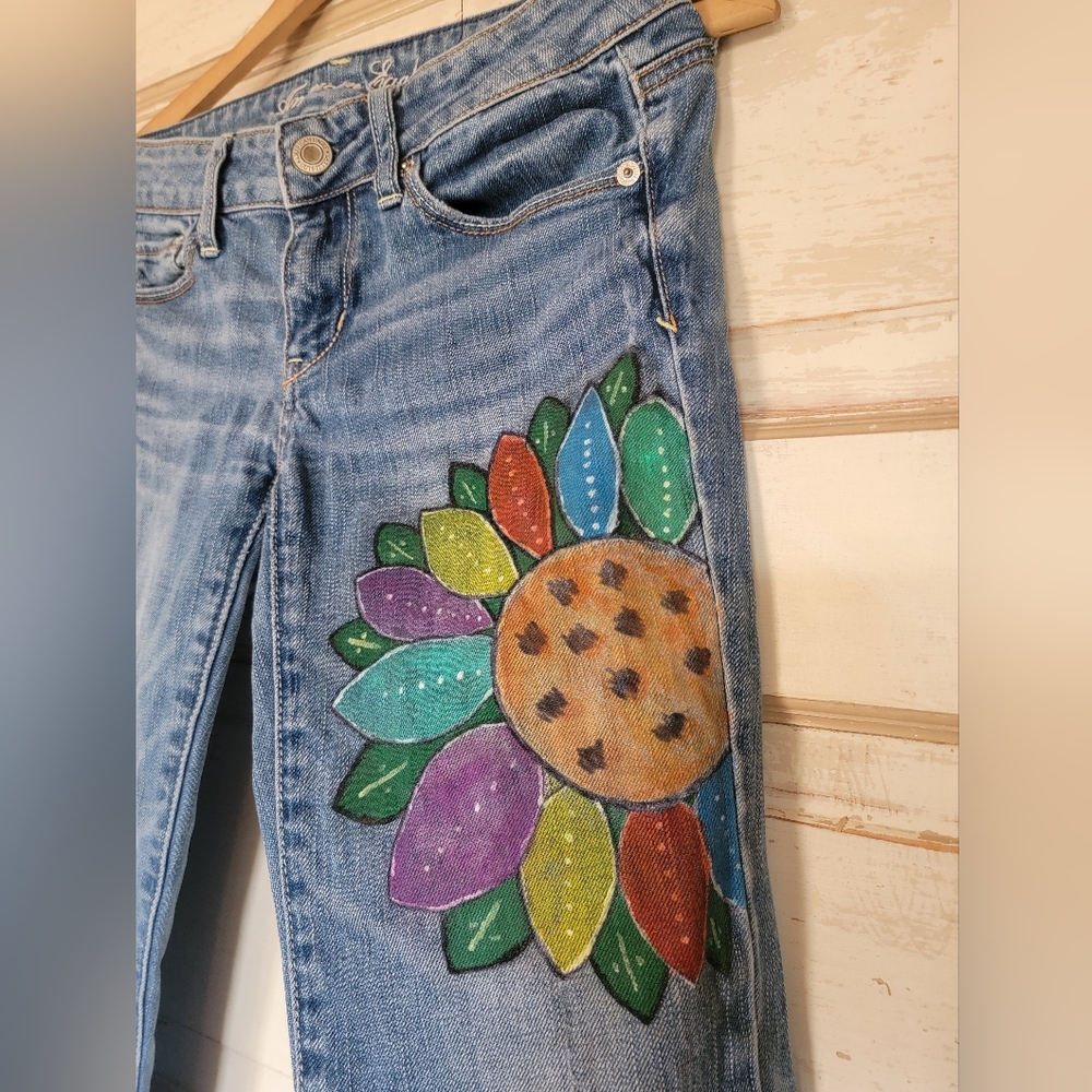 American Eagle Handpainted Multiflower Distressed Skinny Jeans Size 2
